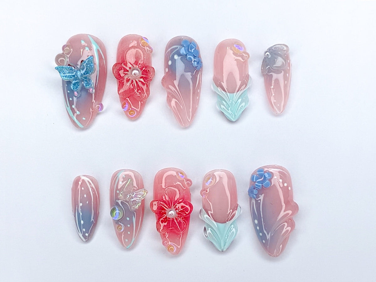 Secret Garden Press On Nails | Long Almond Flowers Nails | Butterfly Charms | Fairy Tale Inspired Fake Nails | Holiday Nails Art | OC421SL