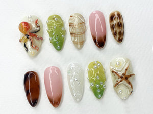 Jelly Ocean-Inspired Press On Nails Almond | 3D Beach Theme with Seashells and Mermaid Design | Handmade Press Ons for Summer Vibes | OB400A