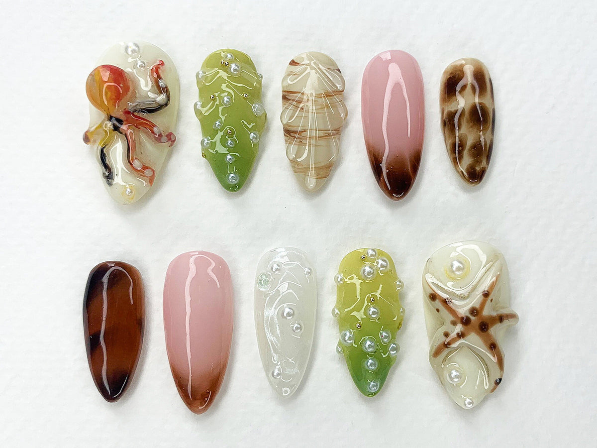 Jelly Ocean-Inspired Press On Nails Almond | 3D Beach Theme with Seashells and Mermaid Design | Handmade Press Ons for Summer Vibes | OB400A