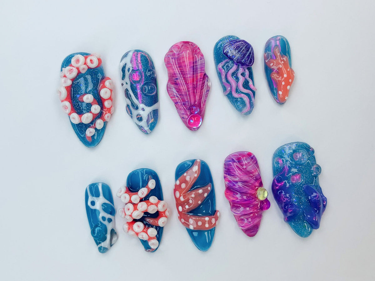 Ocean-Inspired 3D Press On Nails | 3D Jellyfish and Floral Art | Hand-Painted Underwater Press On Nails | Beautiful Ocean-Themed | OB474SL