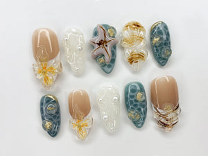 Ocean-Inspired Press On Nails Almond | 3D Beach Theme with Seashells and Starfish | Handmade Pearls Press On Nails for Summer Vibes | OB393A