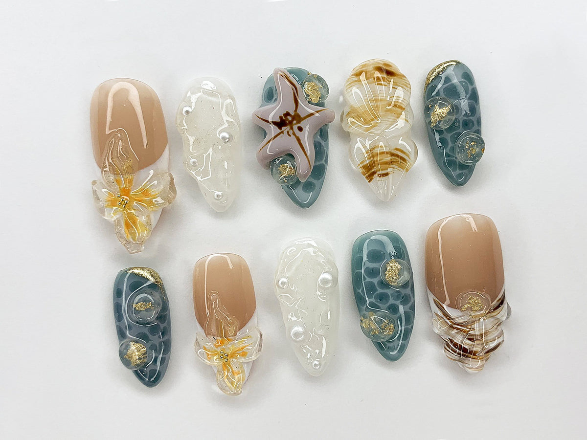 Ocean-Inspired Press On Nails Almond | 3D Beach Theme with Seashells and Starfish | Handmade Pearls Press On Nails for Summer Vibes | OB393A
