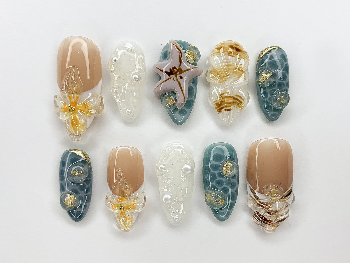 Ocean-Inspired Press On Nails Almond | 3D Beach Theme with Seashells and Starfish | Handmade Pearls Press On Nails for Summer Vibes | OB393A