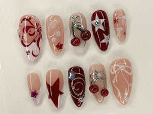 Red Cherry Blossom Nails | Cute Red & White Press On Nails | Y2K Star Style Nail Set | Summer, Holiday Nail Art | Gift | OC456AV