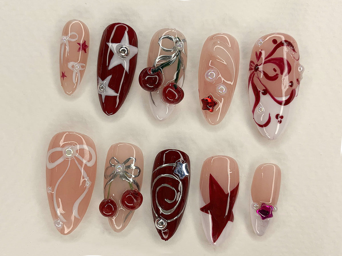 Red Cherry Blossom Nails | Cute Red & White Press On Nails | Y2K Star Style Nail Set | Summer, Holiday Nail Art | Gift | OC456AV