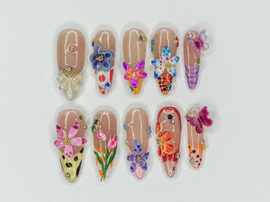 Colorful Flower Garden Press On Nails | Vibrant Bloom Fake Nails | Butterfly & Flower Nail Art | Floral Fantasy Acrylci Nails | OB426Y