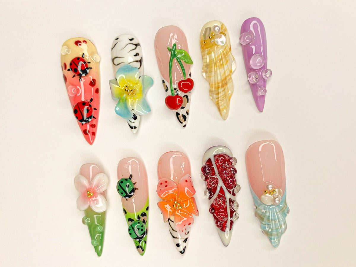 Kawaii 3D Press On Nails | Adorable 3D Nail Art | Cute Ladybug, Cherry, and Flower Designs | Vibrant 3D Kawaii Nails | OB461SL