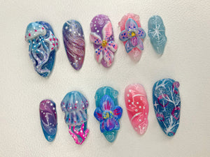 Ocean-Inspired 3D Press On Nails | 3D Jellyfish and Floral Art | Hand-Painted Underwater Press On Nails | Beautiful Ocean-Themed | OB463SL