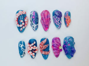 Ocean-Inspired 3D Press On Nails | 3D Jellyfish and Floral Art | Hand-Painted Underwater Press On Nails | Beautiful Ocean-Themed | OB474SL