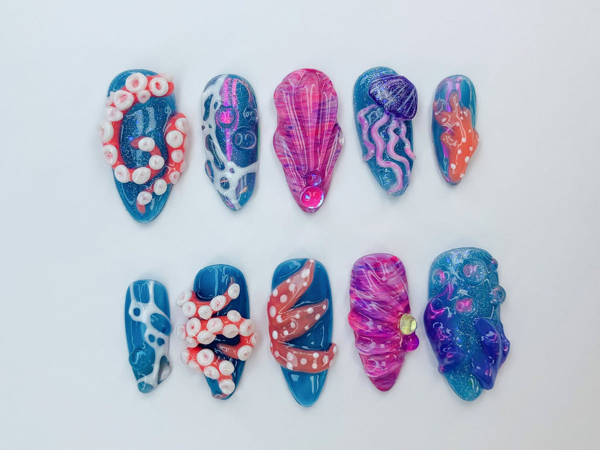 Ocean-Inspired 3D Press On Nails | 3D Jellyfish and Floral Art | Hand-Painted Underwater Press On Nails | Beautiful Ocean-Themed | OB474SL