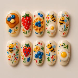 Picnic Theme Press On Nails, Spring Bee Nail Art, 3D Waffle Egg Strawberry Nails, Cute Food Nail Set, Hand Painted, Reusable Press on Nails
