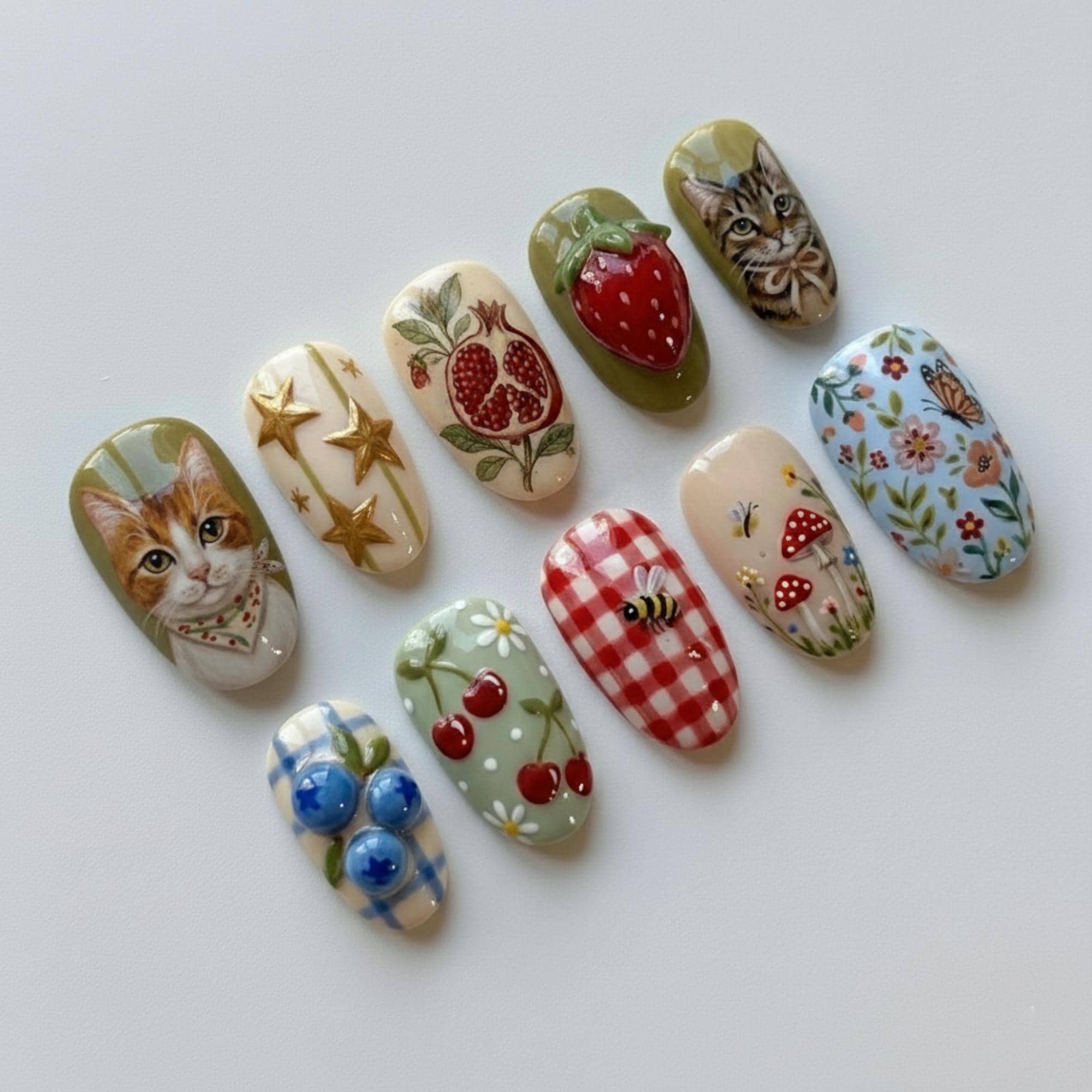 Hand-Painted Cottagecore Cat Nails, Strawberry Cherry Floral Press On Nails, Vintage Picnic Aesthetic, Almond Spring Garden Nails