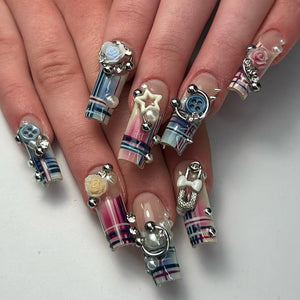 Y2K Cute Luxury Press On Nails | 3D Charm Statement Nails | Long Square Handmade Set