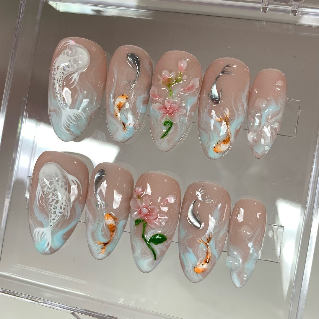 Koi Pond Bliss Press On Nails | Koi Floral Acrylic Nails | Serene Waters Nail Art | Blossoming Fake Nails | Zen Garden Koi Nails | OB479Y