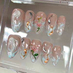 Koi Pond Bliss Press On Nails | Koi Floral Acrylic Nails | Serene Waters Nail Art | Blossoming Fake Nails | Zen Garden Koi Nails | OB479Y