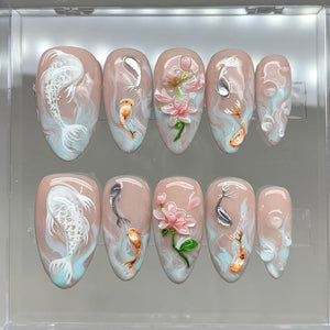 Koi Pond Bliss Press On Nails | Koi Floral Acrylic Nails | Serene Waters Nail Art | Blossoming Fake Nails | Zen Garden Koi Nails | OB479Y