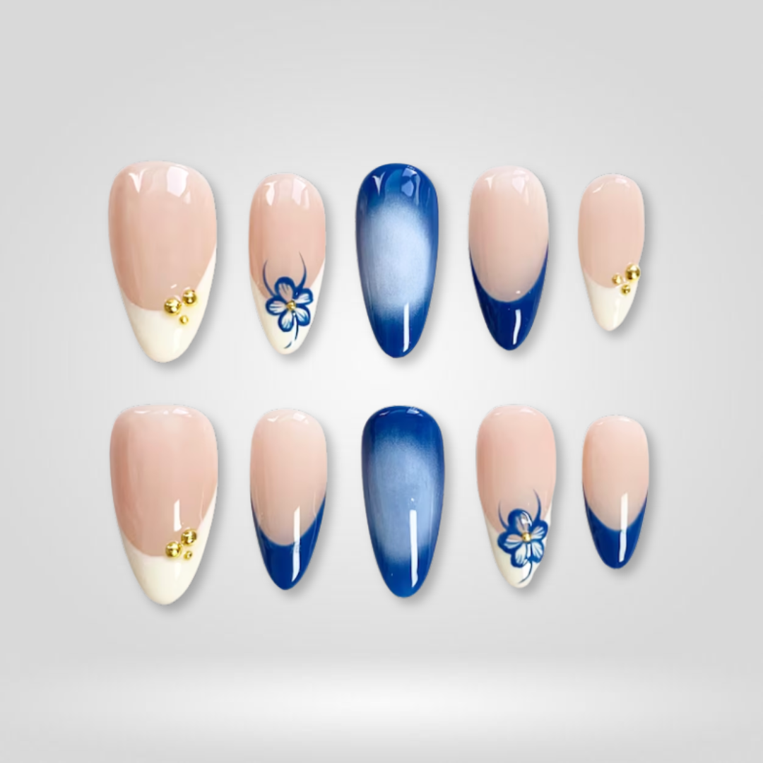 Blue Bloomie French Floral Press-On Nails - Aninail