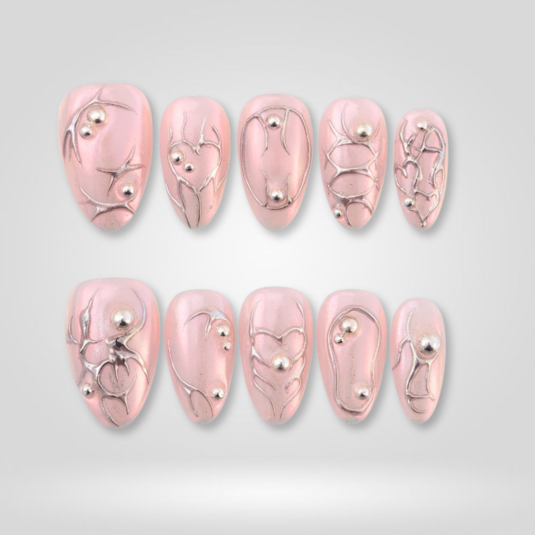 Pink Alloy 3D Almond Press-On Nails - Aninail