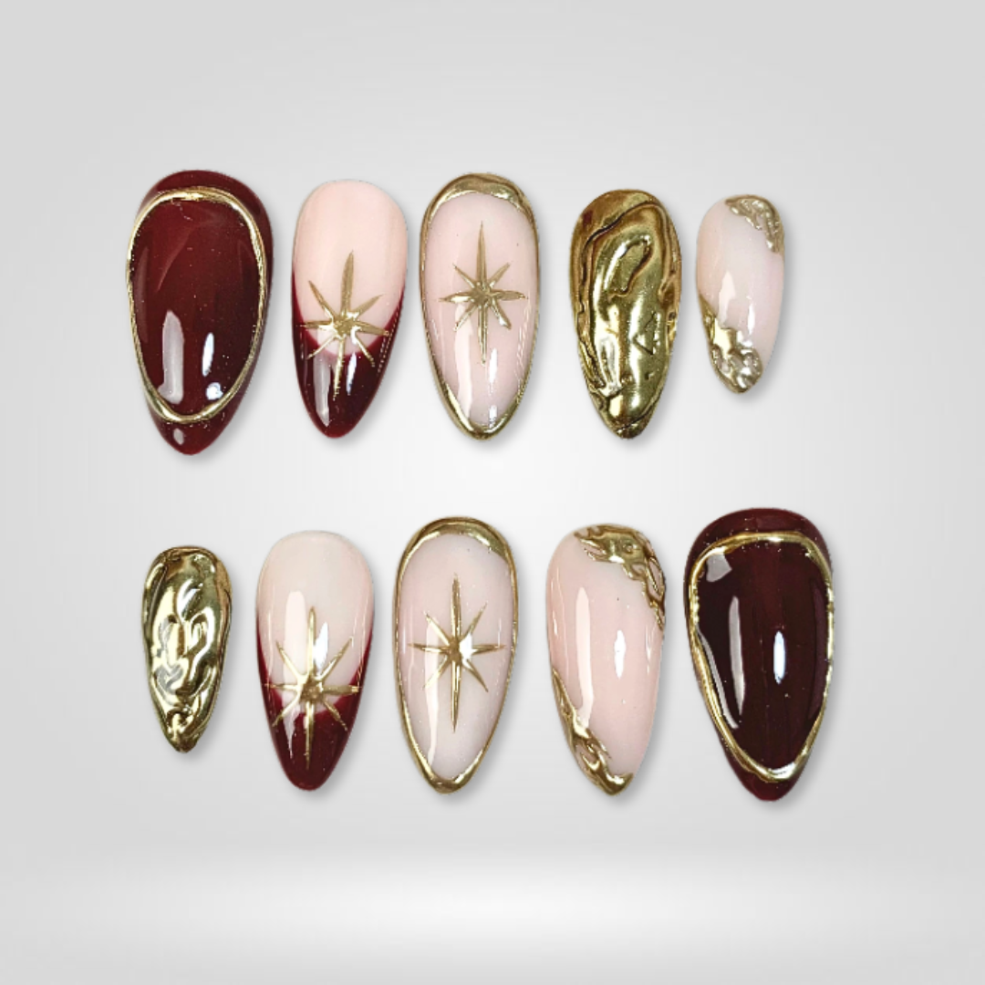 Golden Hour Burgundy & Gold Chrome Press-On Nails - Aninail