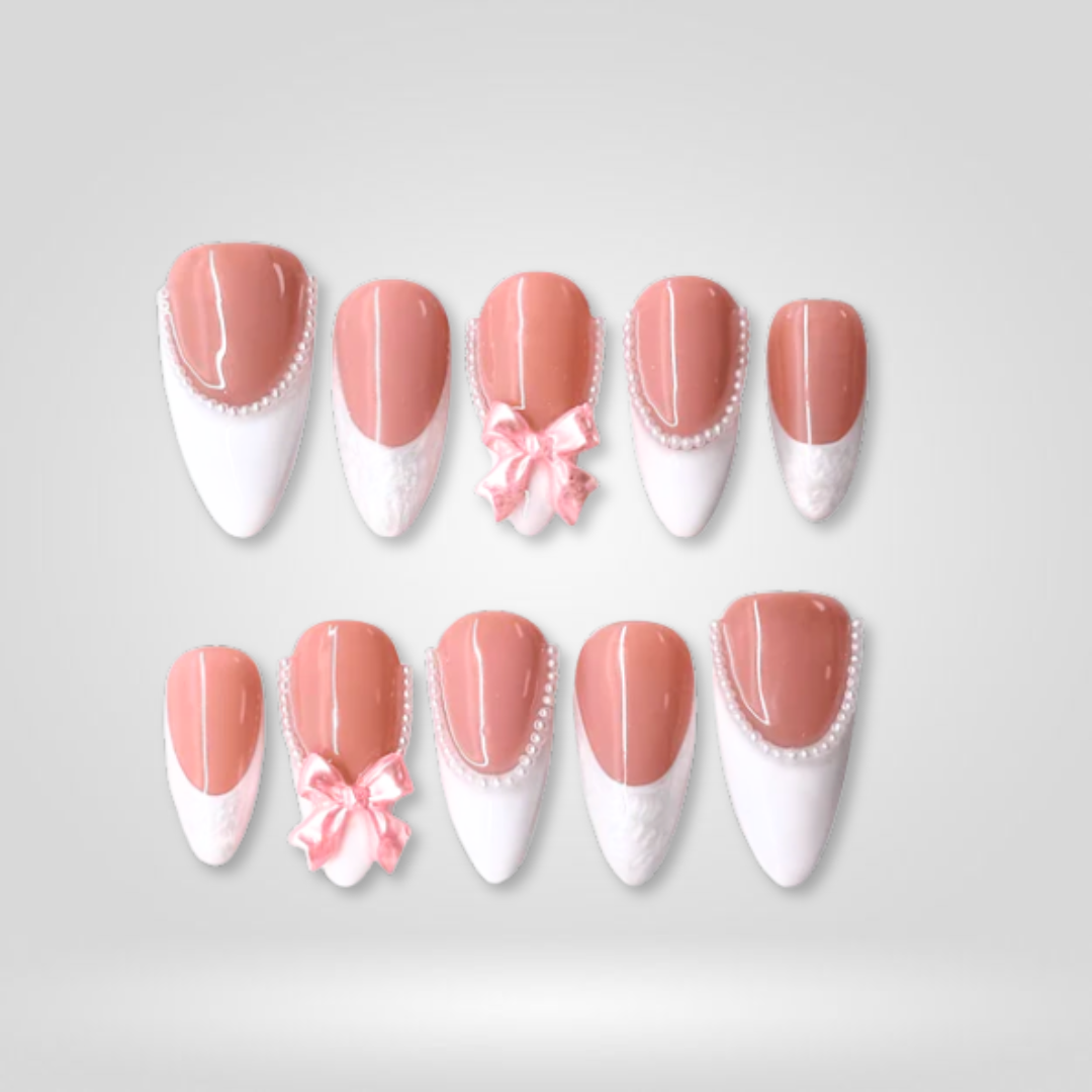 Pearl Bow French Oval Press-On Nails - Aninail