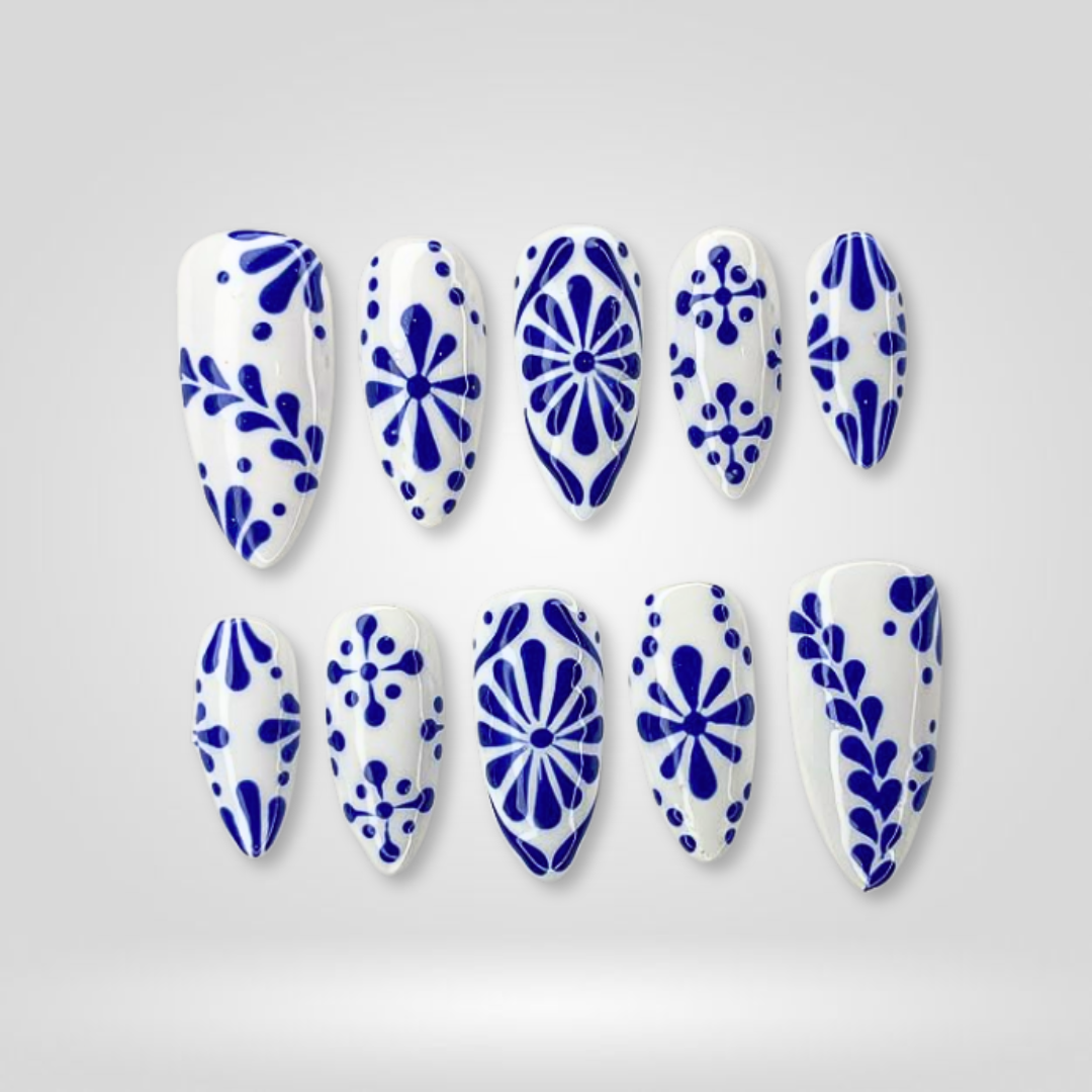 Indigo Bloom Hand-Painted Press-On Nails - Aninail