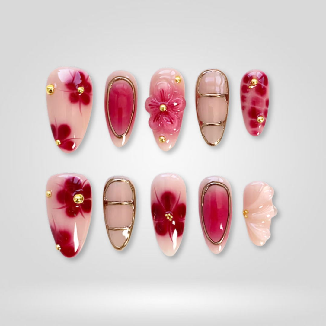 Cherry Glow 3D Floral Press-On Nails - Aninail
