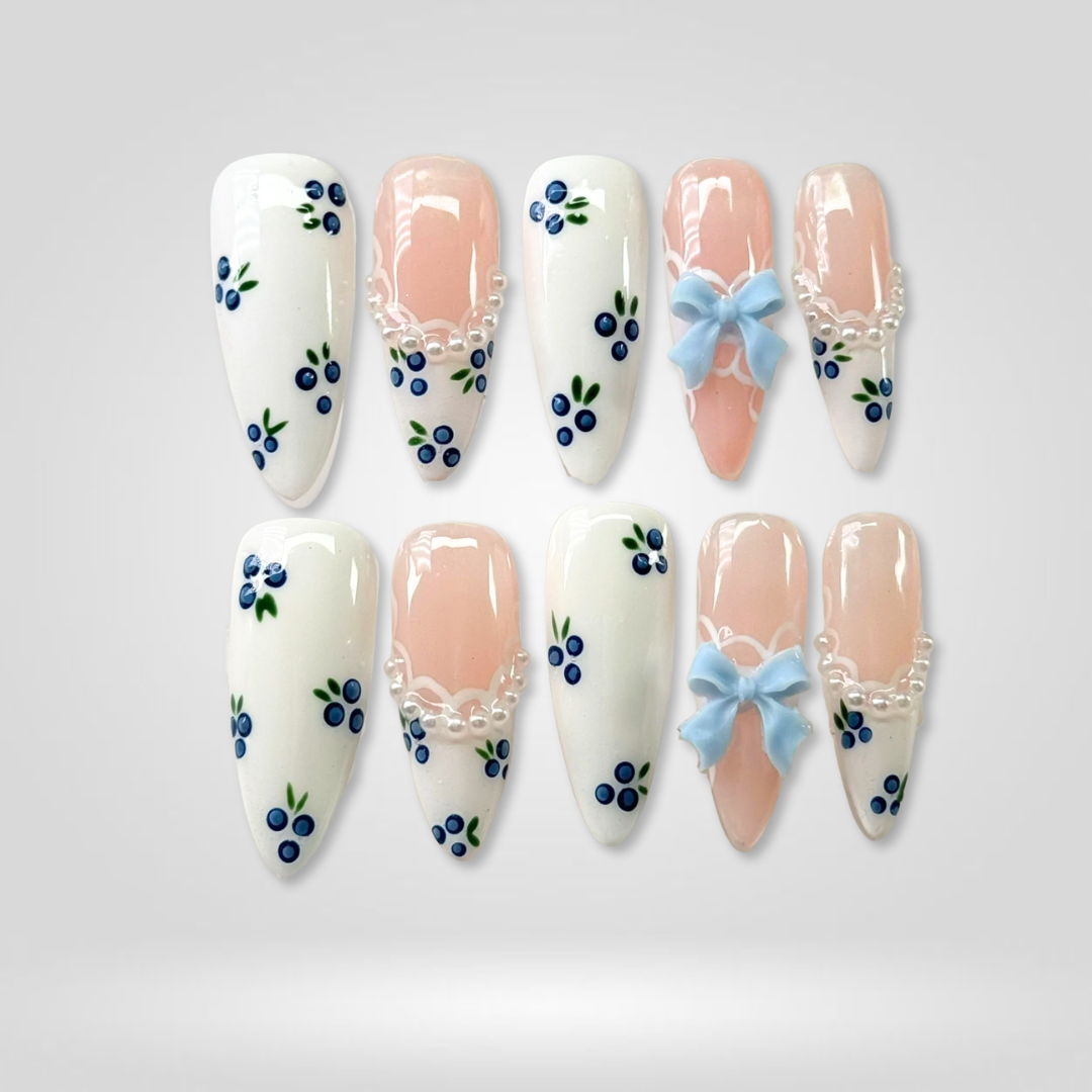 Blueberry Bow 3D Floral Press-On Nails - Aninail