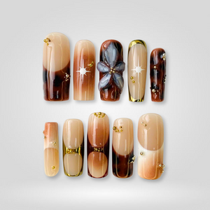 Luxe Tortoise 3D Floral & Gold Press-On Nails - Aninail