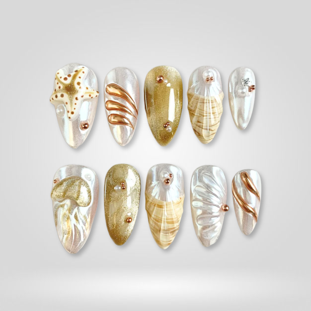 Golden Shore 3D Seashell Press-On Nails - Aninail