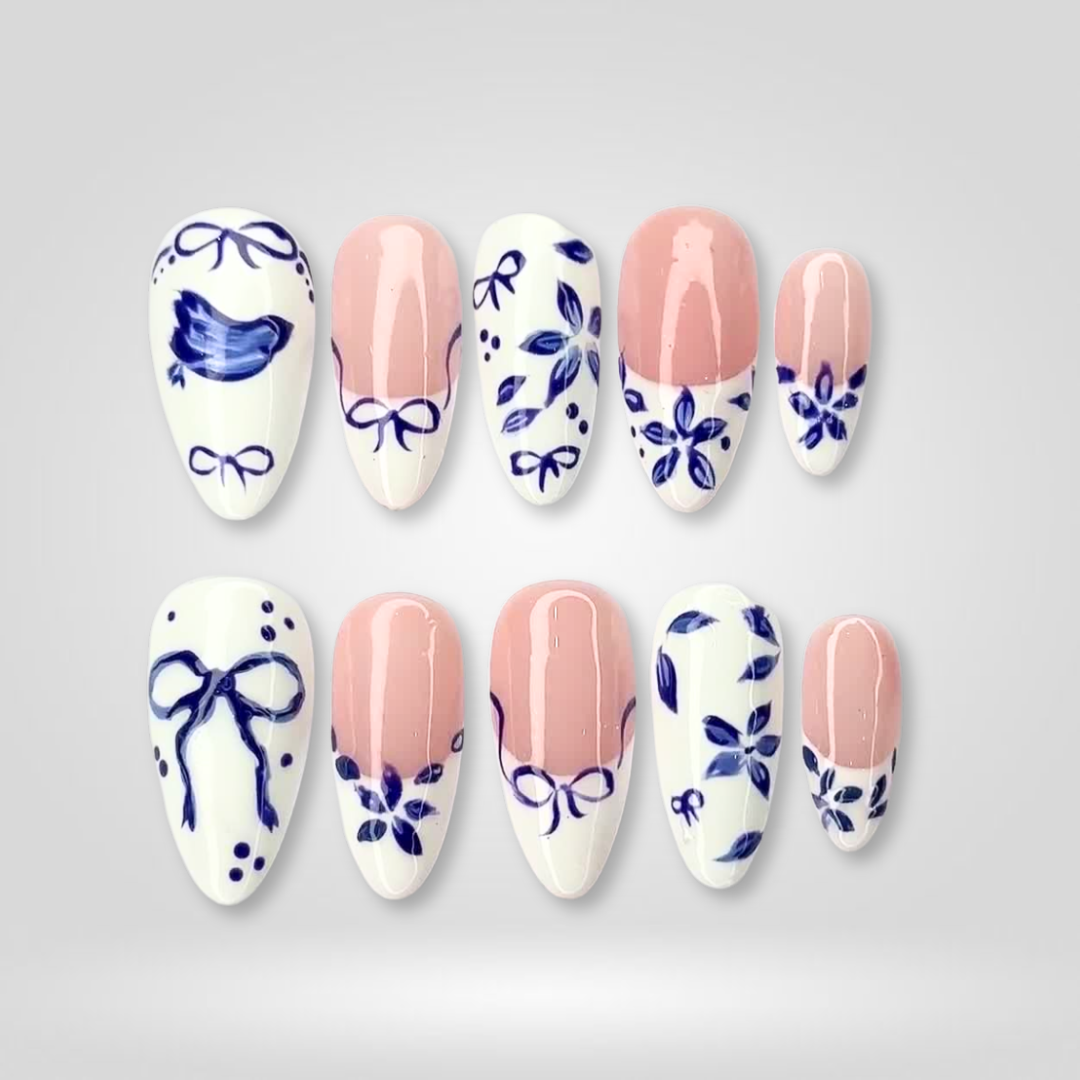 Ceramic Blue Hand-Painted Press-On Nails - Aninail