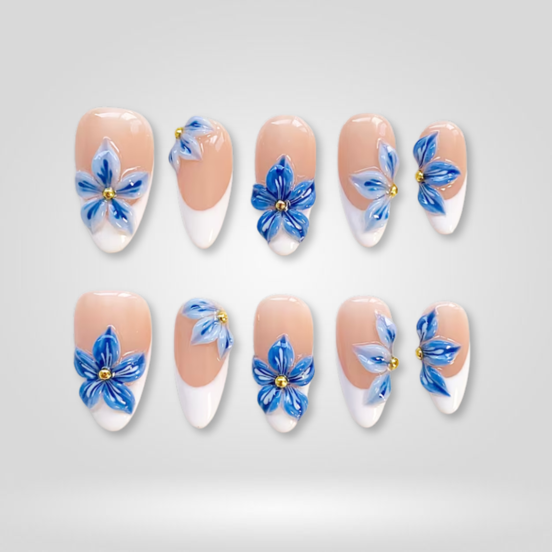 Sapphire Bloom French Tip Press-On Nails - Aninail