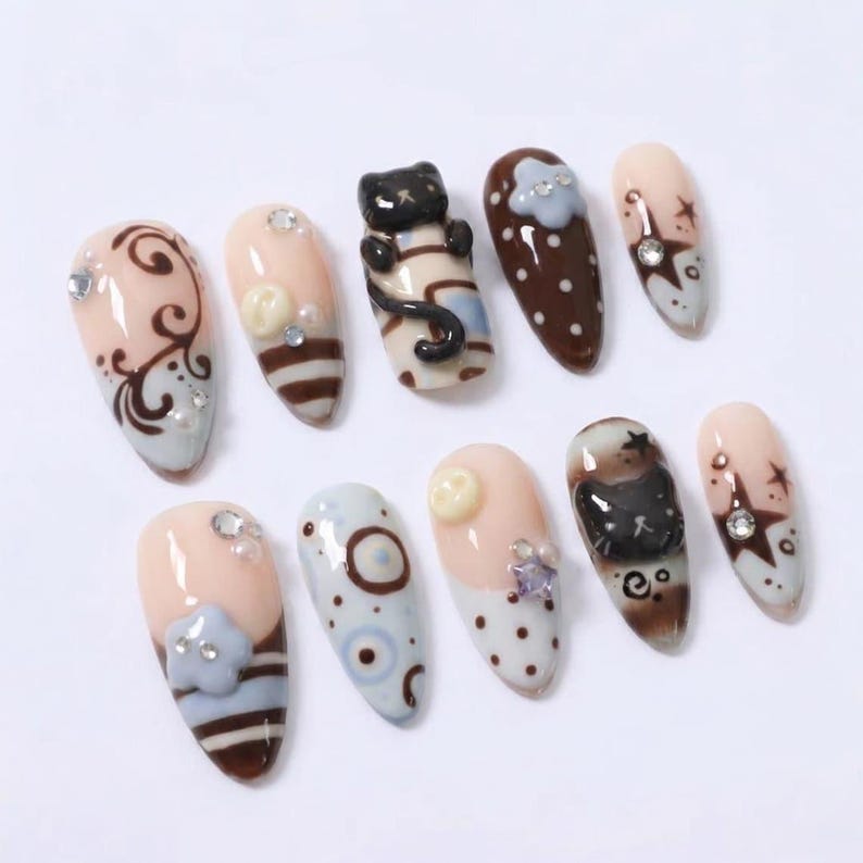 3D Kawaii Black Cat Press On Nails, Baby Blue Chocolate Brown Gel Acrylic Set