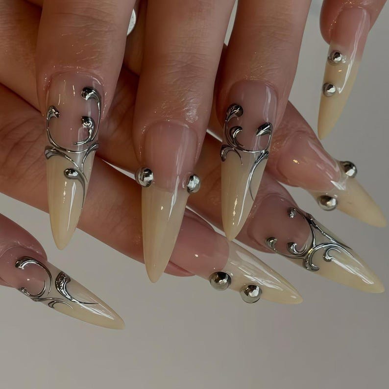 Custom Gothic Baroque Stiletto Press on Nails – Handmade Glitter Gold Accents, Almond Shape, Reusable Fake Nails for Women Wedding Nail
