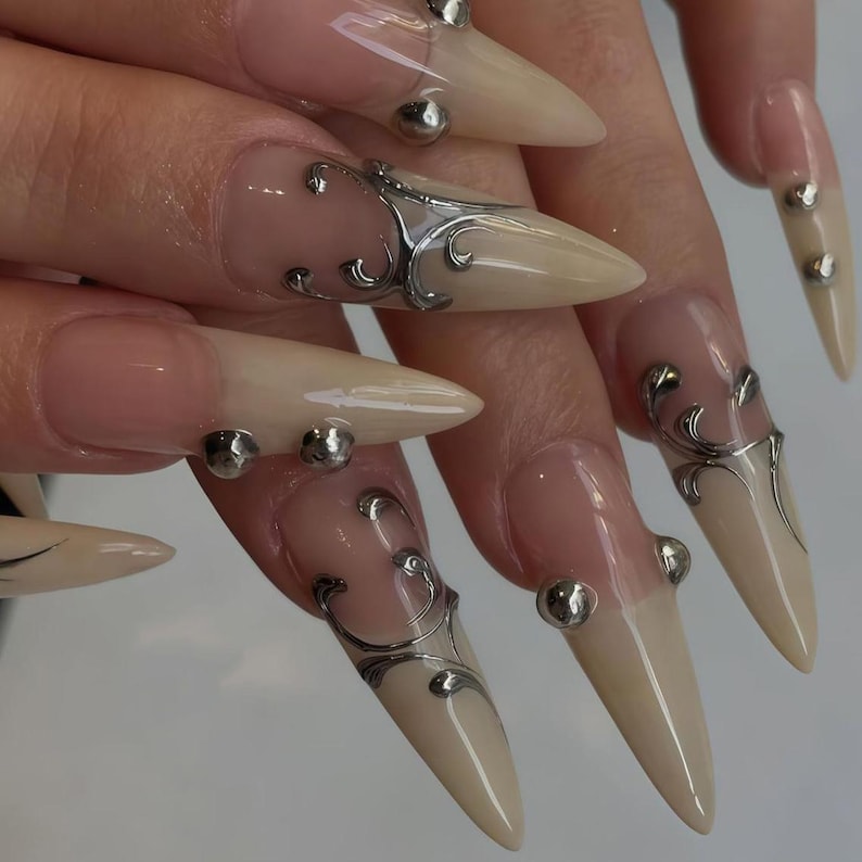 Custom Gothic Baroque Stiletto Press on Nails – Handmade Glitter Gold Accents, Almond Shape, Reusable Fake Nails for Women Wedding Nail