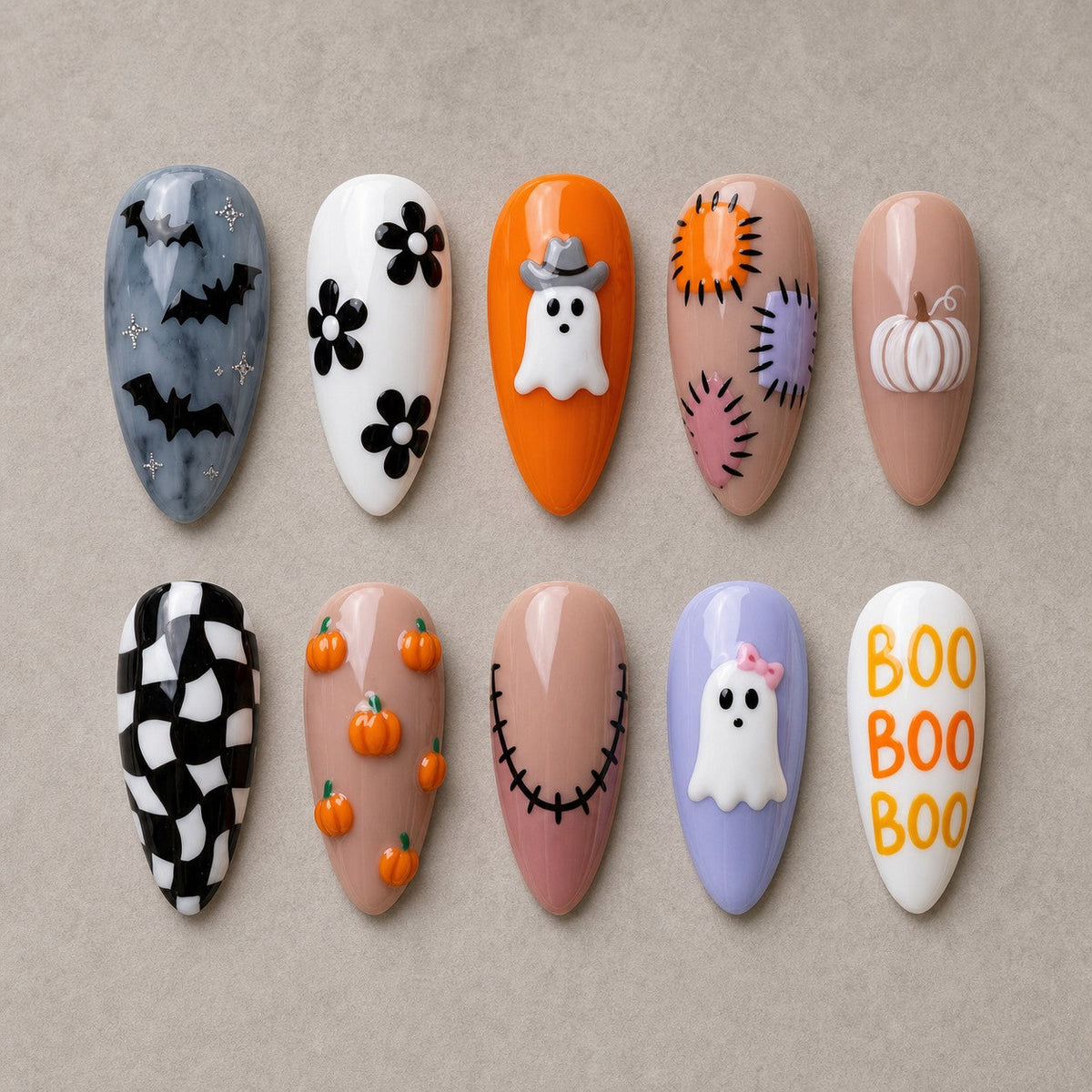 Patchwork Boo Spooky Cute Halloween Press-On Nails - Aninail