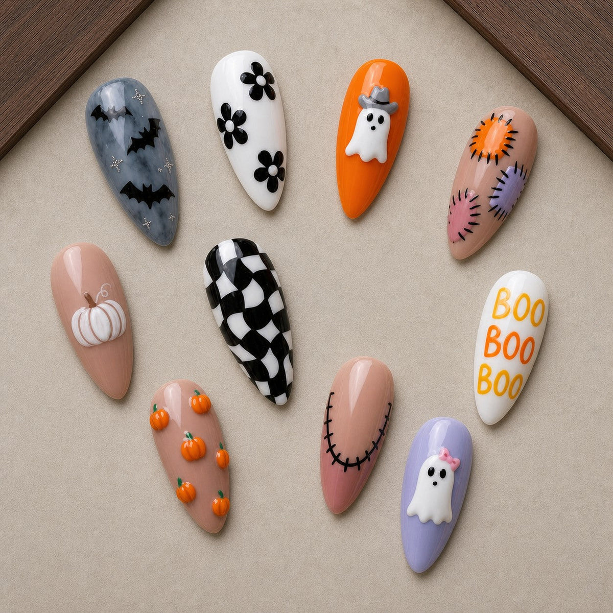 Patchwork Boo Spooky Cute Halloween Press-On Nails - Aninail