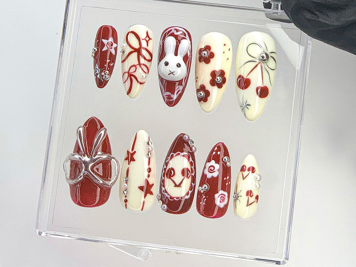 Adorable 3D Bunny Press On Nails | Hand-Painted Kawaii Bunny And Bow Acrylic Nails | Cherry Blossom Nail Art | Cute Kawaii Nails | OC537Y