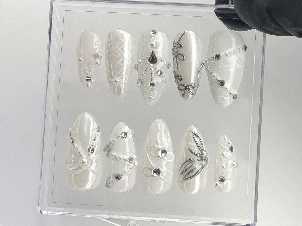 Chic Bridal Press On Nails | Sophisticated White and Silver Fake Nails | Elegant Pearl Acrylic Nails | 3D Pearl Design Nail Art | OC554YL