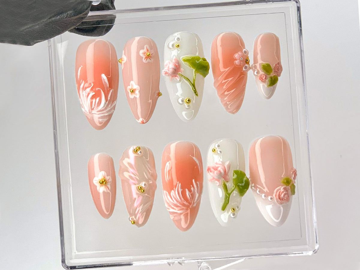 Sophisticated Lotus Flower Press On Nails |  3D Pink and White Lotus Acrylic Nails | Handcrafted Lotus Blossom Nail Art | Soft Nail |OC545YL