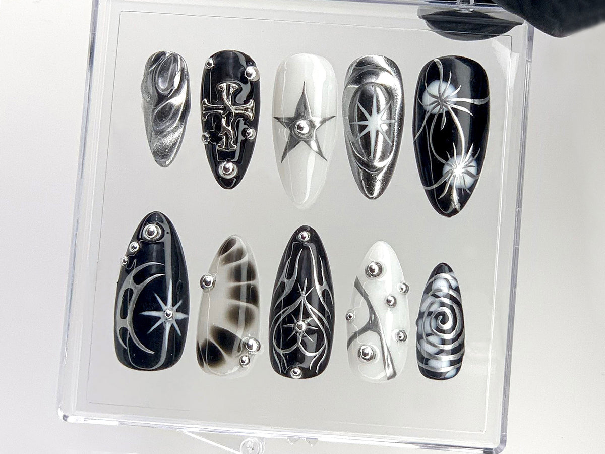 Elegant Gothic Press On Nails | 3D Designs with Cross, Star, Spiral Acrylic Nails | Monochrome Nail Art | Y2k Nails | Custom Nails | OC552YL