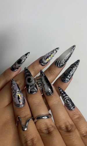 Long Black Stiletto Press On Nails | 3D Chrome Gothic Nail Set | Holographic Abstract Fake Nails OB463L