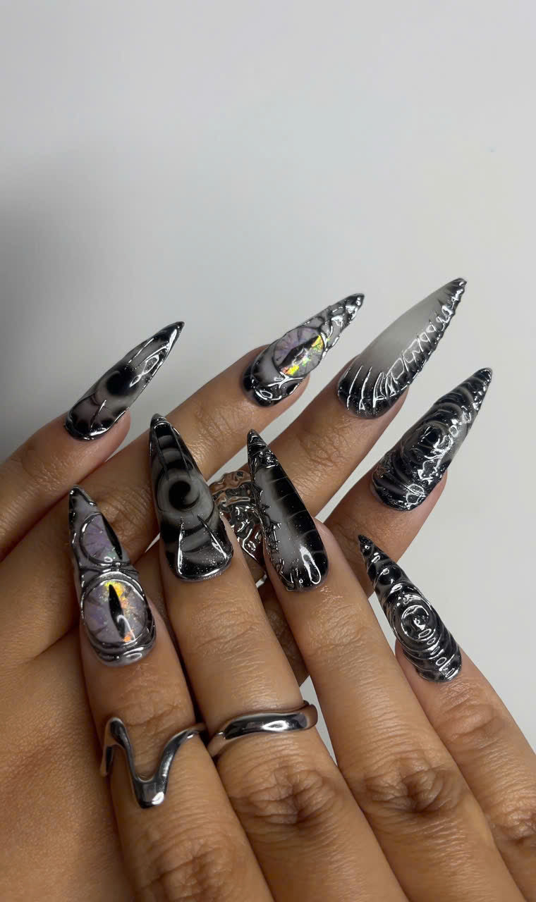 Long Black Stiletto Press On Nails | 3D Chrome Gothic Nail Set | Holographic Abstract Fake Nails OB463L