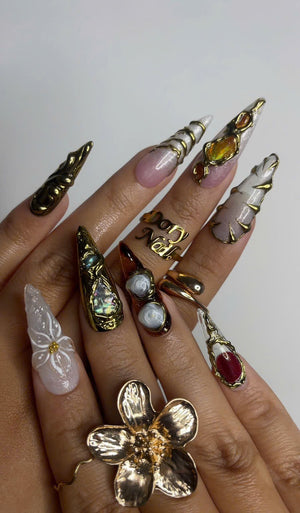 Galaxy Crystal Press On Nails | 3D Gemstone Rock Fake Nails | Gold Metal Accent Nail Art | Crystal Gemstone Press Ons | Luxury Nails |OB463Y