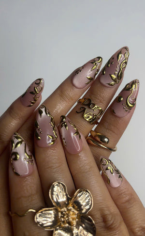 Elegant Nude Pink Press On Nails | Gold 3D Luxury Nail Set | Classy Wedding Fake Nails OC609HC