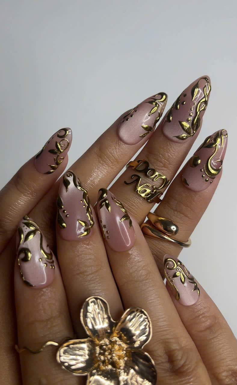 Elegant Nude Pink Press On Nails | Gold 3D Luxury Nail Set | Classy Wedding Fake Nails OC609HC