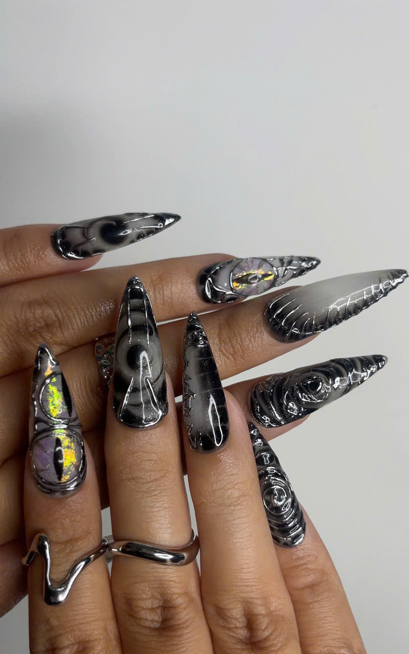 Long Black Stiletto Press On Nails | 3D Chrome Gothic Nail Set | Holographic Abstract Fake Nails OB463L