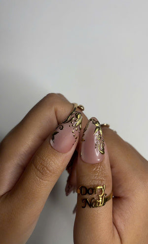 Elegant Nude Pink Press On Nails | Gold 3D Luxury Nail Set | Classy Wedding Fake Nails OC609HC