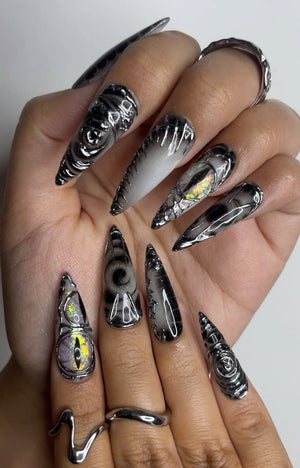 Long Black Stiletto Press On Nails | 3D Chrome Gothic Nail Set | Holographic Abstract Fake Nails OB463L