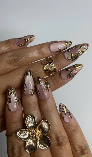 Elegant Nude Pink Press On Nails | Gold 3D Luxury Nail Set | Classy Wedding Fake Nails OC609HC