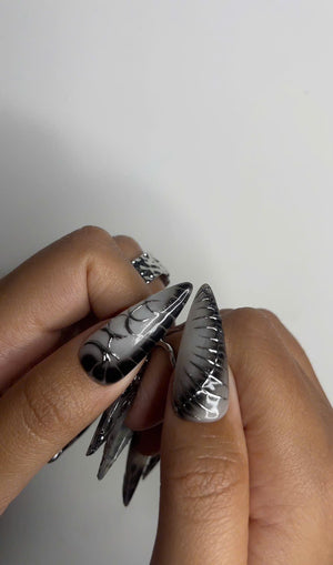 Long Black Stiletto Press On Nails | 3D Chrome Gothic Nail Set | Holographic Abstract Fake Nails OB463L
